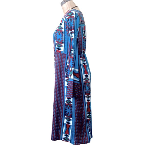 Aztec Print Dress Blue Red White Black Bell Sleeves Small S NWT - Picture 2 of 6
